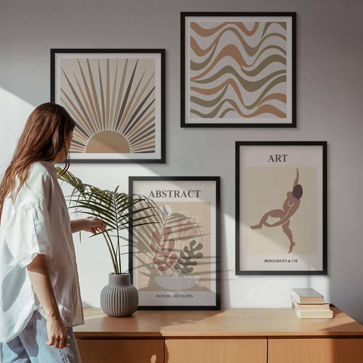 BILDER SET 4er Set - 50x50 cm & 40x60 cm Schwarzer Rahmen - Matisse Boho abstrakte Muster - Schwarz, Kunststoff (50/50cm) - TULUP