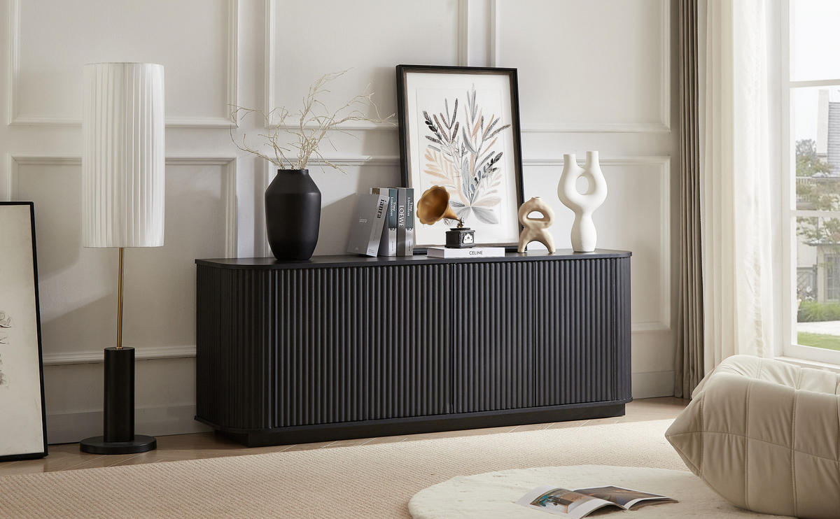 SIDEBOARD 162,5/38/61 cm in Schwarz mit Wellenfront und 4 Türen - Schwarz, Metall (162/61/38cm) - Flora Grace