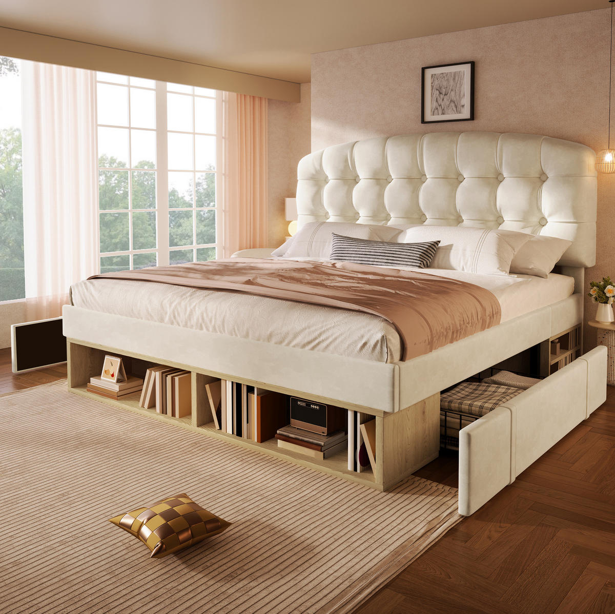 BETT mit Schubladen 140x190 cm Samt Beige - Beige, Metall (140/190cm) - Meubliv