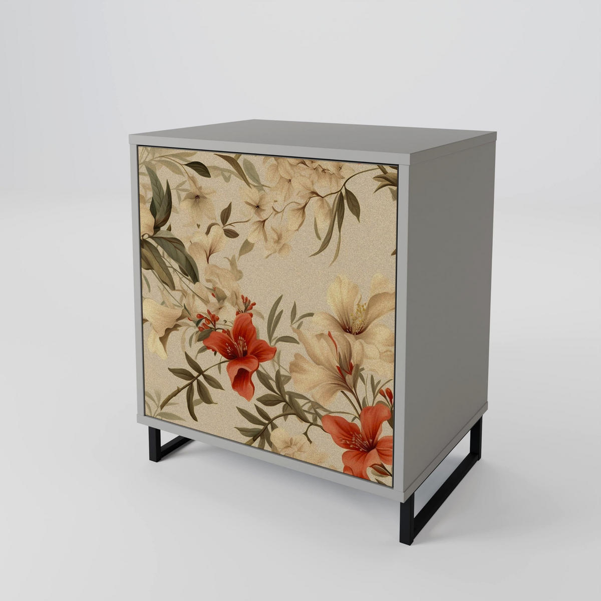 SIDEBOARD BLOOMING HARMONY, Grau, 57,5x42x70,5 cm, Schwarze Metall-Sternfüße - Multicolor/Schwarz, Holzwerkstoff/Metall (57.5/70.5/42cm) - SpaceRebels