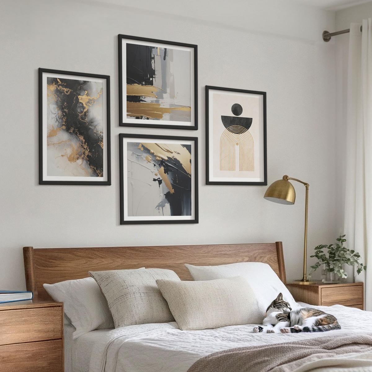 BILDER SET 4er Set - 50x50 cm & 40x60 cm Schwarzer Rahmen - Abstrakte Geometrie-Komposition - Schwarz, Kunststoff (50/50cm) - TULUP