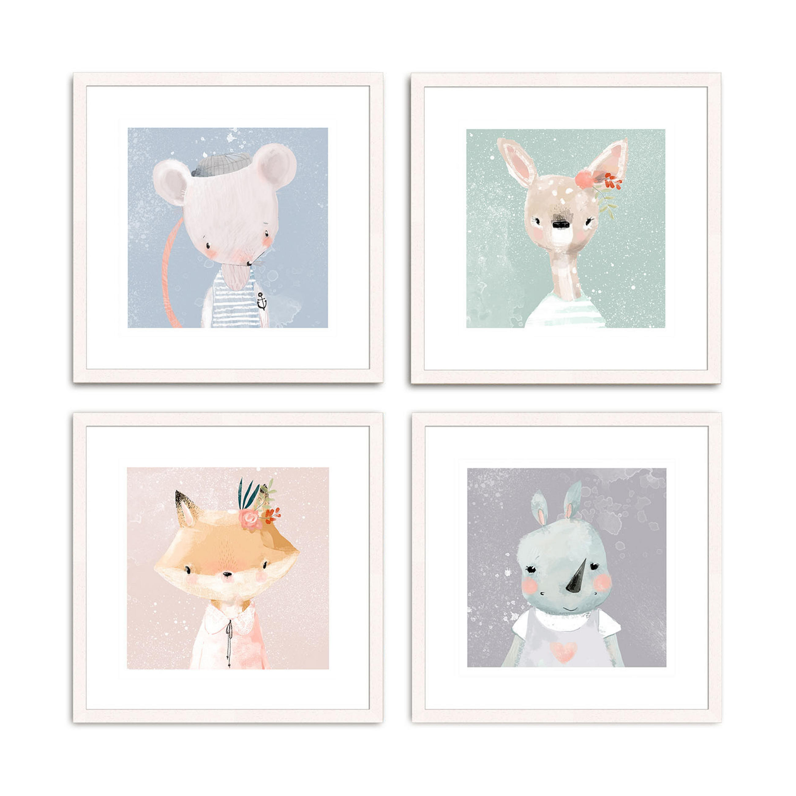 BILDER-SET mit Rahmen 4 x 30x30 cm Kinderzimmer Tiere pastell - Multicolor, Holz (30/30/2cm) - artissimo