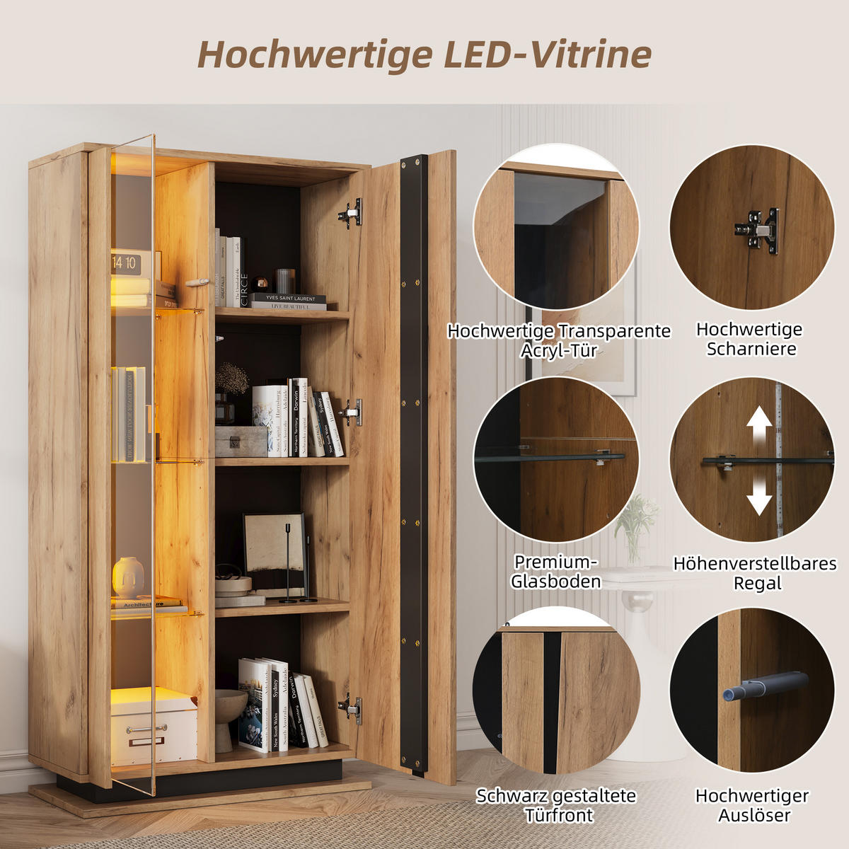 VITRINE Natur-Schwarz 80/35/160 cm - Naturfarben, Holzwerkstoff (80/160/35cm) - PANGIVO