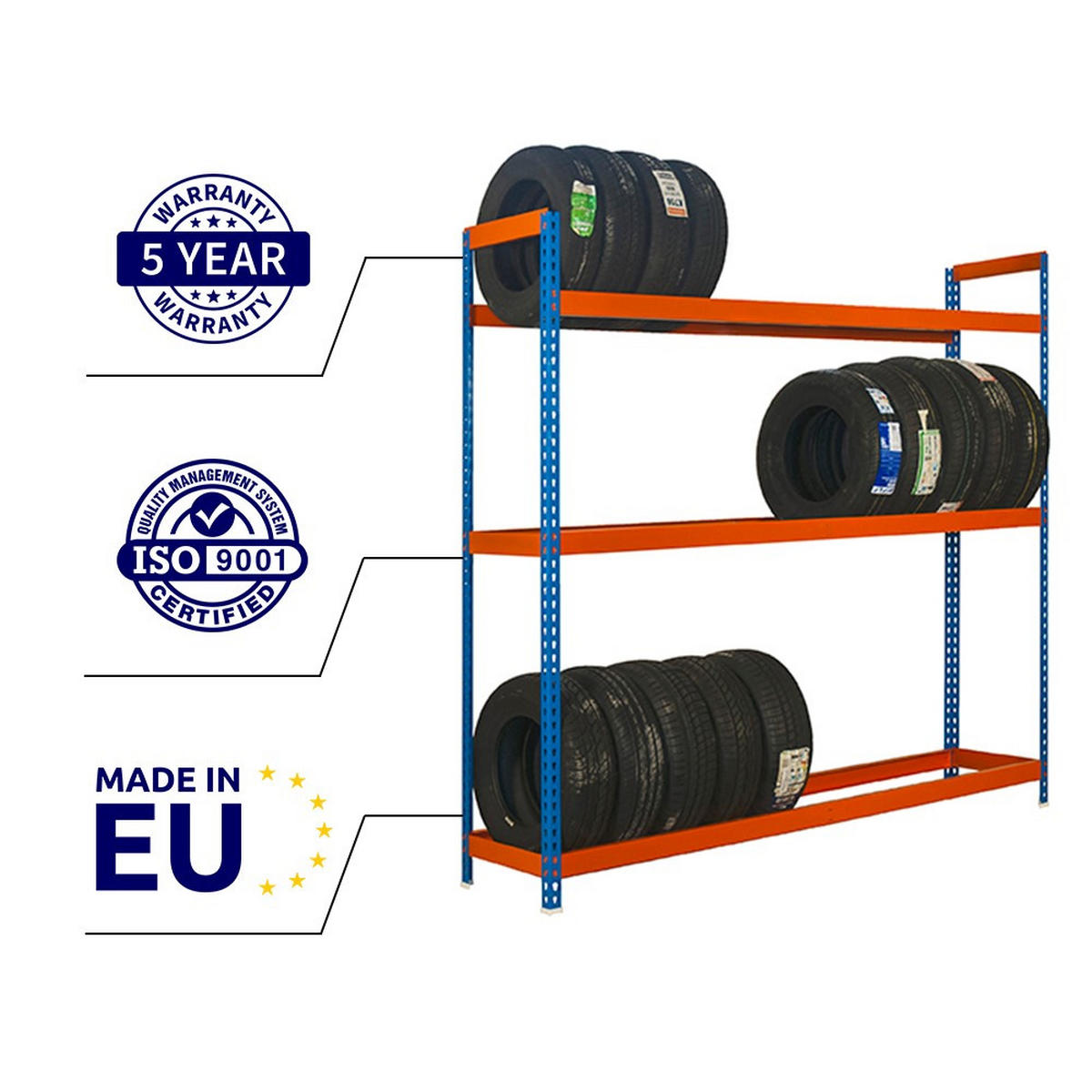 REIFENREGAL Big Metal Shark NO.6 HxBxT 200 x 150 x 45 cm 3 Ebenen 18 Reifen Blau/Orange - Blau, Metall (150/200/45cm) - PROREGAL