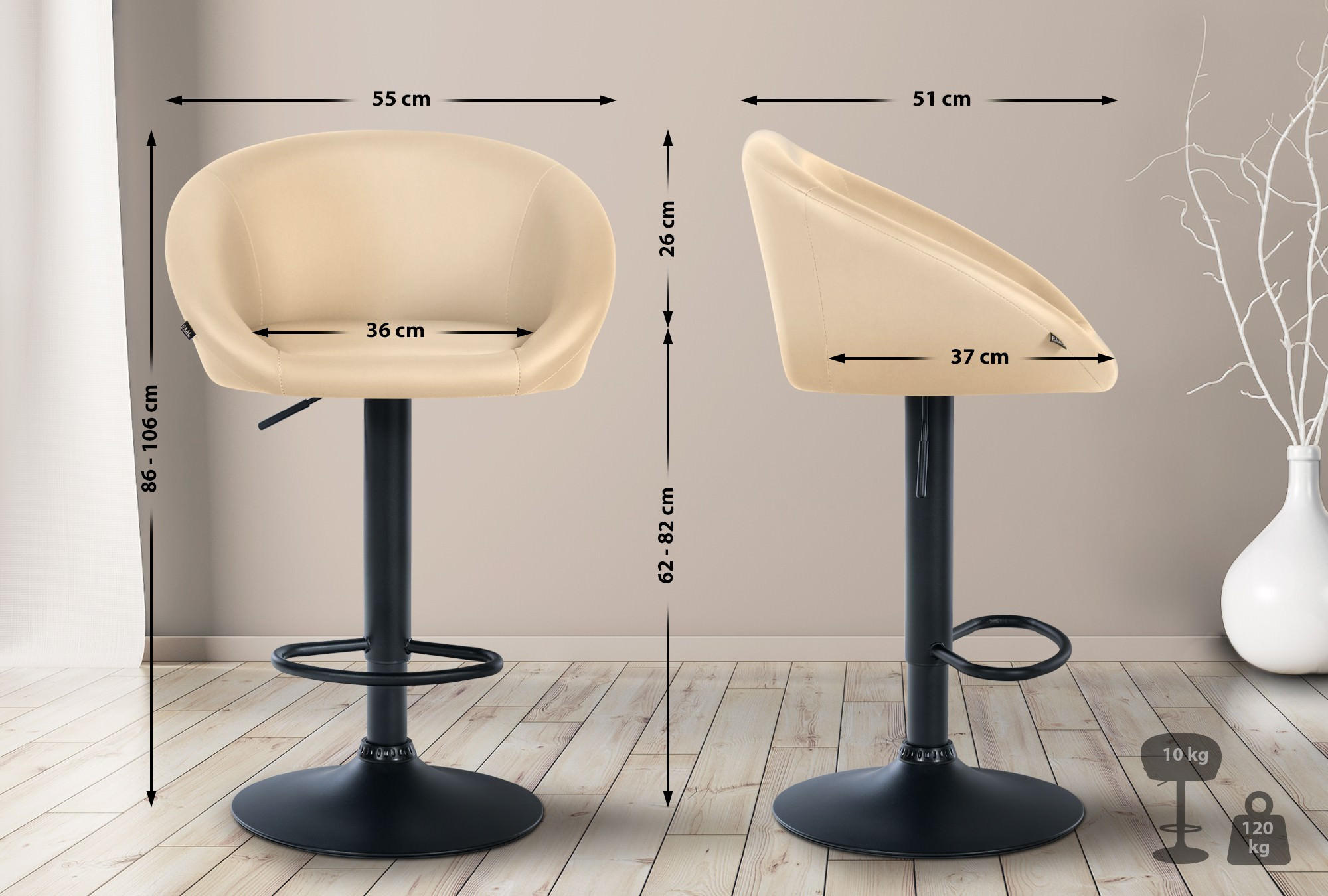 BARHOCKER OSLO Creme Kunstleder Schwarz - Creme, Leder/Metall (55/86/51cm) - DELUKE