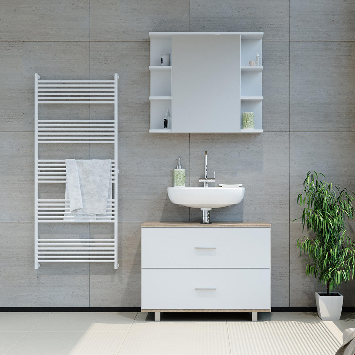 WASCHBECKENUNTERSCHRANK Ilias Weiß/Sonoma 80 x 60.8 cm - Weiß/Sonoma Eiche, Holzwerkstoff (80/60.8/33cm) - Vicco