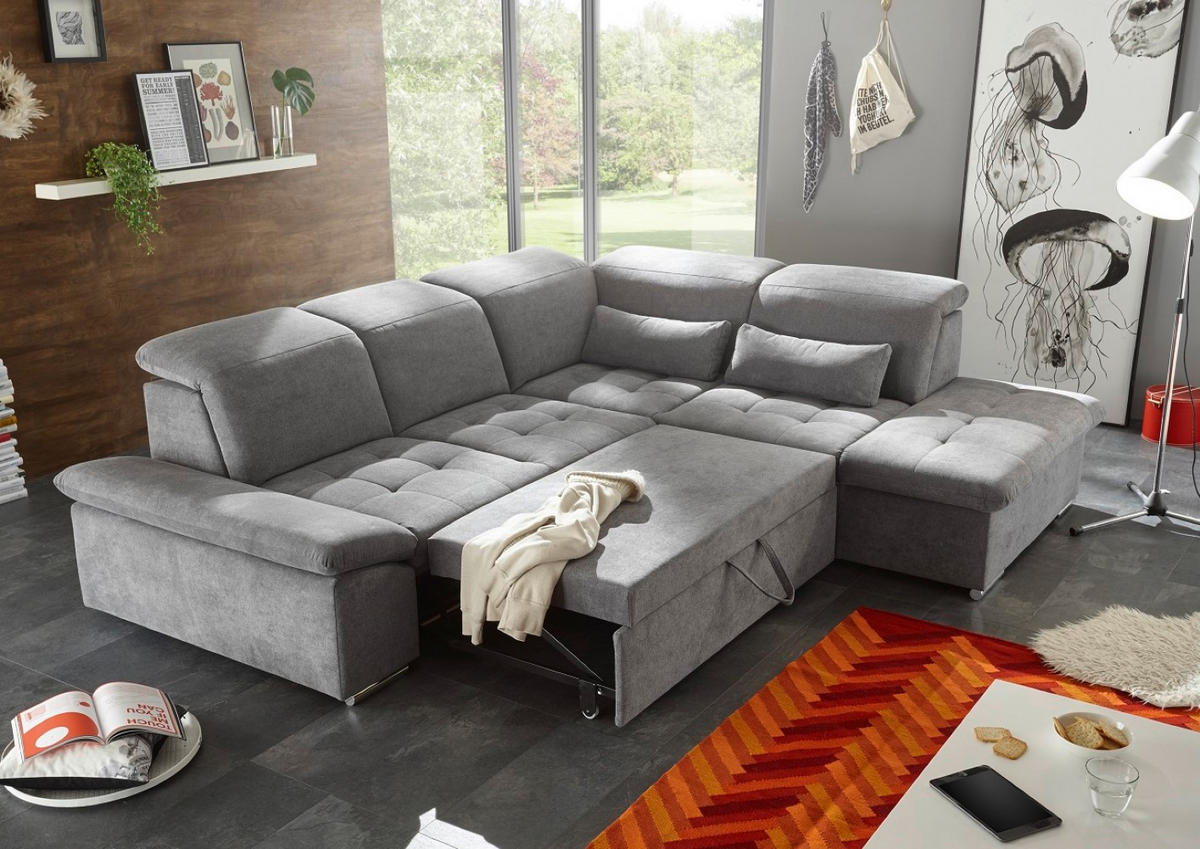 ECKSOFA mit Schlaffunktion mit Bettkasten und verstellbaren Kopf- und Rückenlehnen - Chromfarben/Dunkelgrau, Textil (240/276cm) - ed exciting design