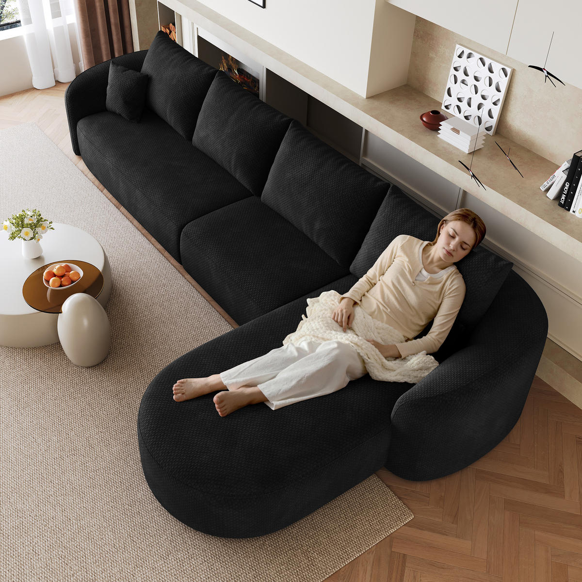 ECKSOFA 336/168/85 cm Schwarz Chenille mit Chaiselongue, Rechte Seite - Schwarz, Textil (336/168cm) - Oxeza