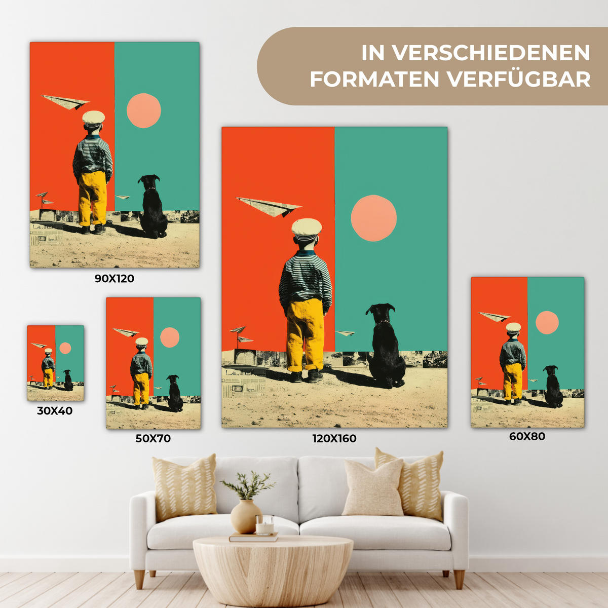 LEINWANDBILD Retro - Junge - Hund - Rot - Grün Wandbild Wohnzimmer 60x80 cm - Orange, Textil (60/80cm) - MuchoWow