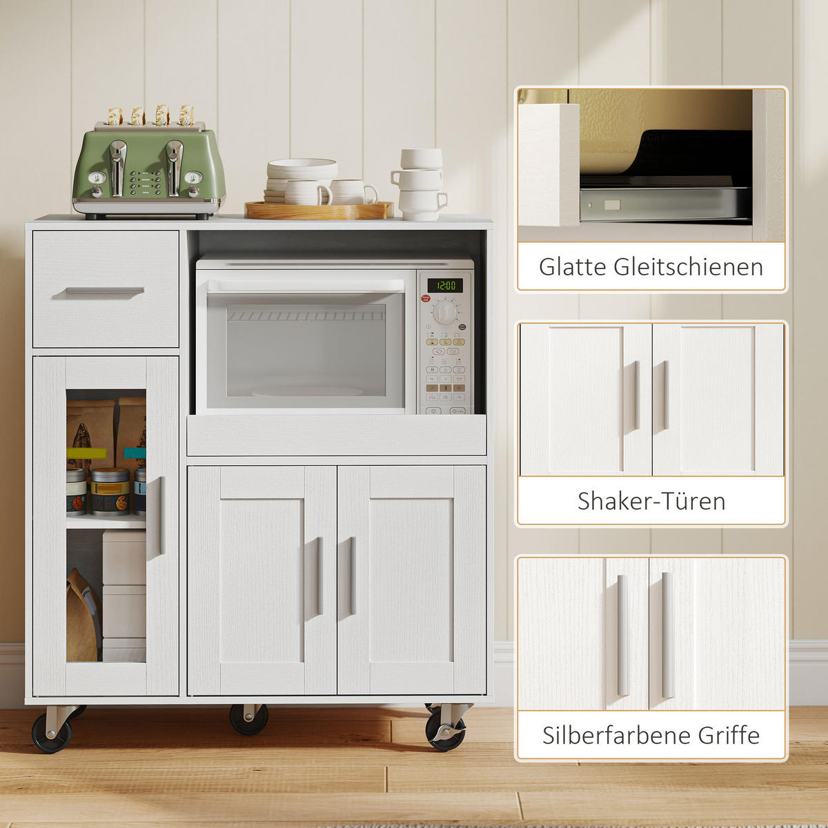 KÜCHENWAGEN mit Ausziehbarem Tablett Weiß - Silberfarben/Weiß, Holzwerkstoff/Metall (40/88.7/80cm) - HOMCOM