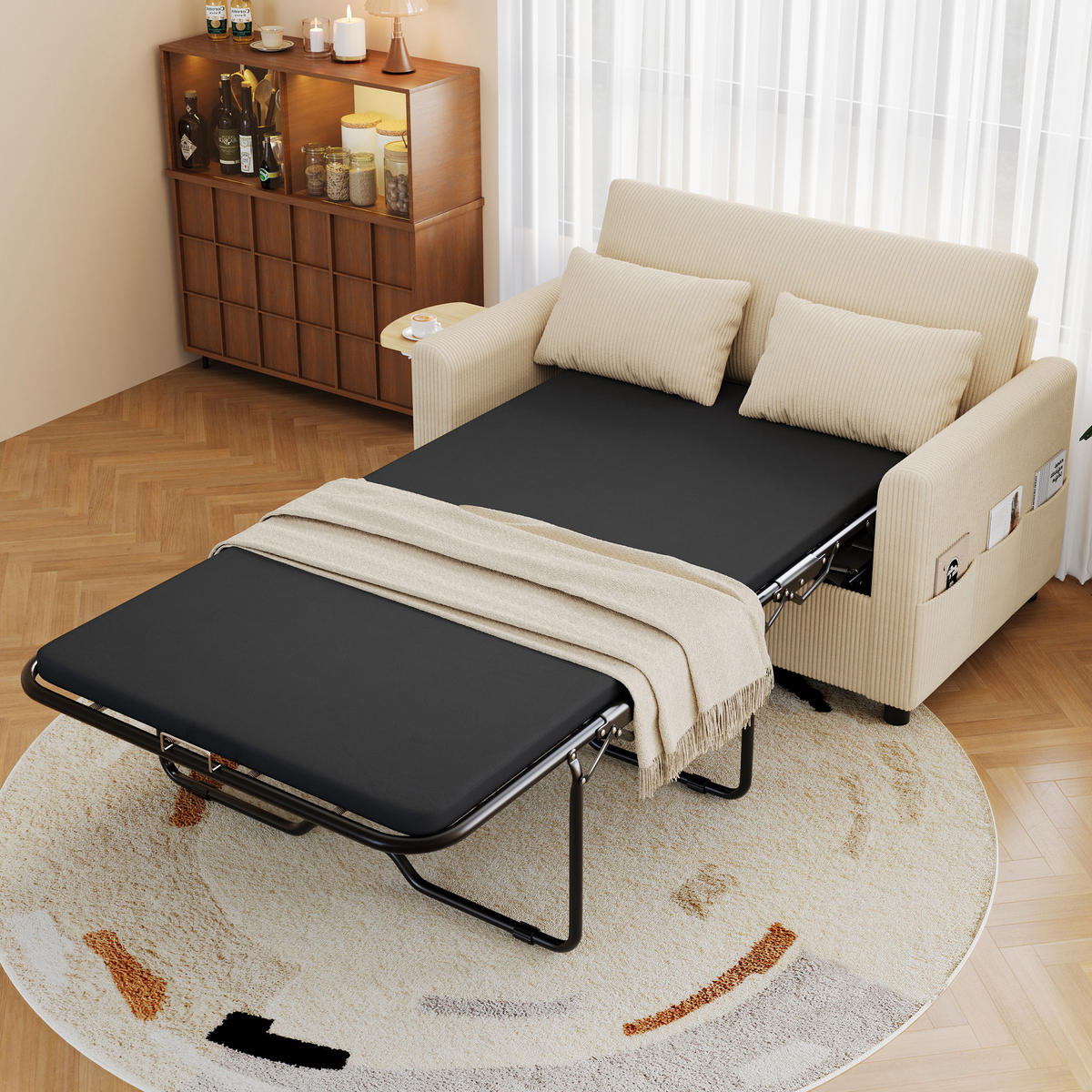 SCHLAFSOFA 2-Sitzer ausziehbar mit USB und Seitentisch, Beige - Beige, Textil (134/84/82cm)