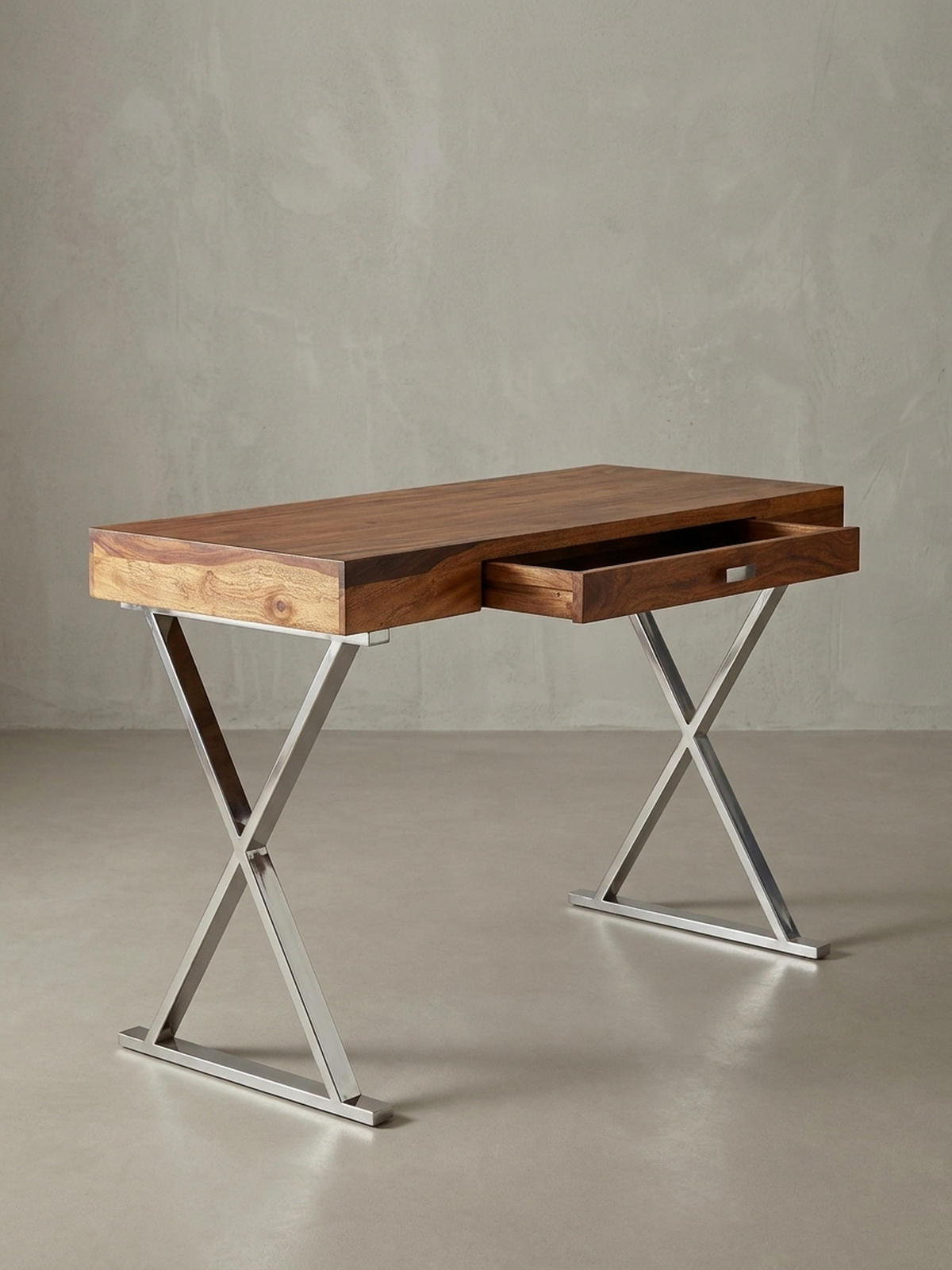 SCHREIBTISCH Massivholz X-Gestell Schublade, Silber 120x55x78 cm - Silberfarben, Holz/Metall (55/120/78cm) - KADIMA DESIGN