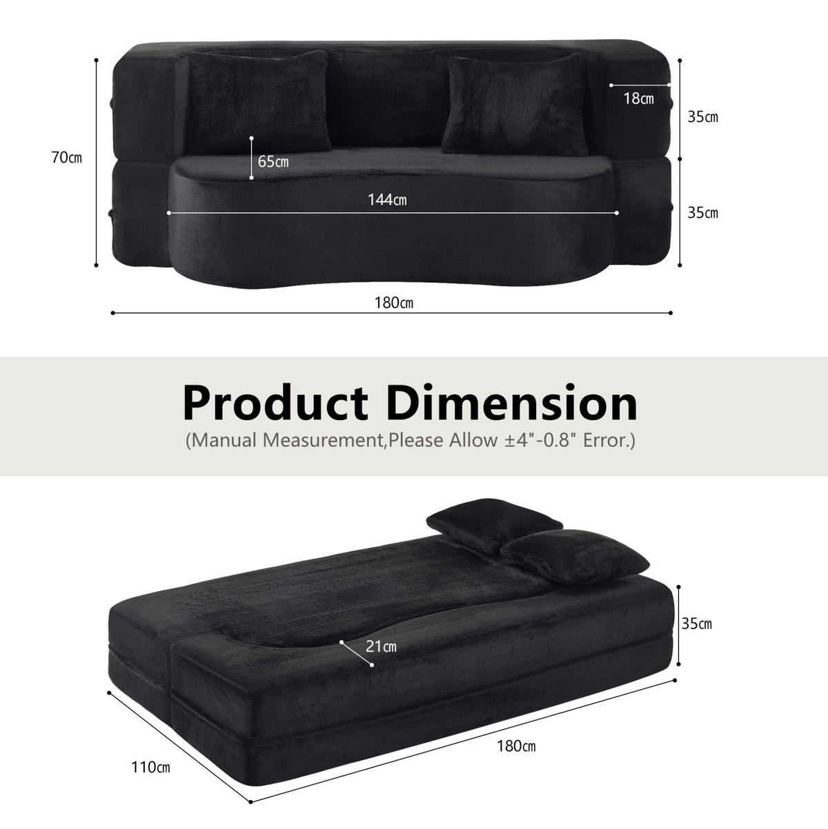 SCHLAFSOFA 2-in-1 klappbar mit hochdichter Schaumstoffpolsterung und 2 Kissen, Schwarz - Schwarz, Kunststoff (180/70/55cm) - Redom