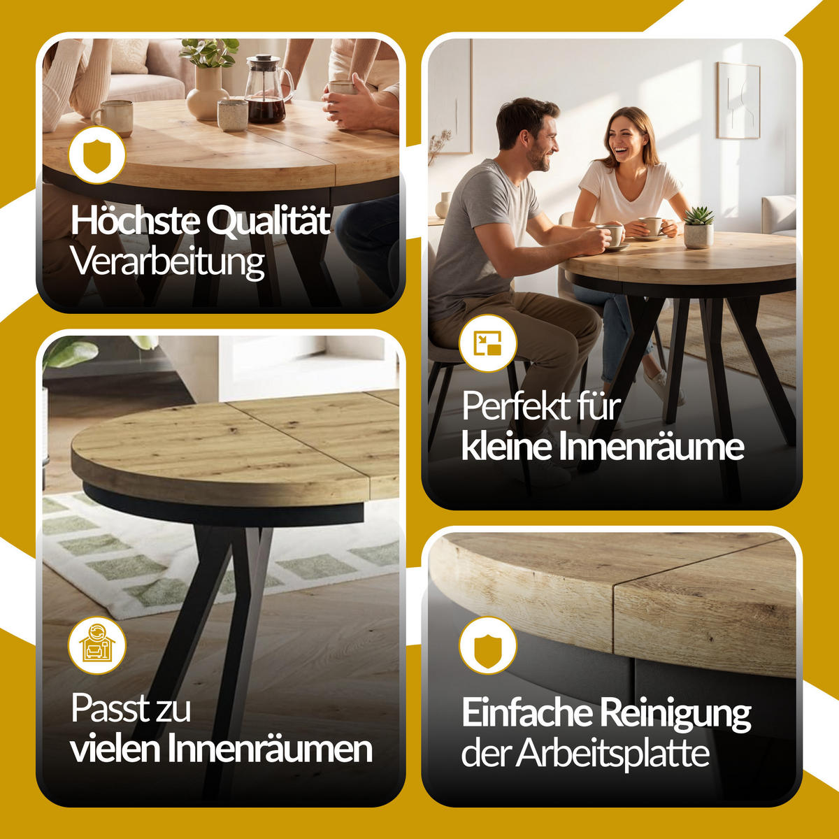 RUNDER Esstisch ausziehbar – Moderner Wohnzimmertisch und Küchentisch – Tisch mit Stabile Konstruktion, Durchmesser 80 cm - 130 cm - Farbe Artisan - Hellbraun/Schwarz, Holzwerkstoff (80/80/77cm) - Alpi-Möbel