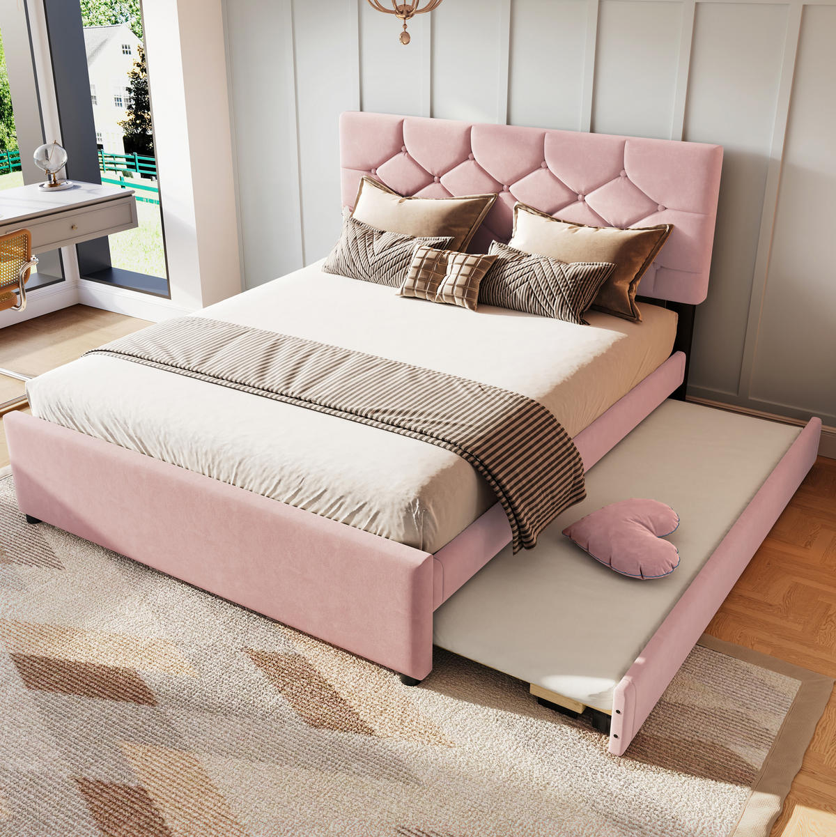 POLSTERBETT aus Samt und MDF 140x200 cm Rosa mit Lattenrost und ausziehbarem Rollbett - Rosa, Textil (140/200cm) - IVMEU