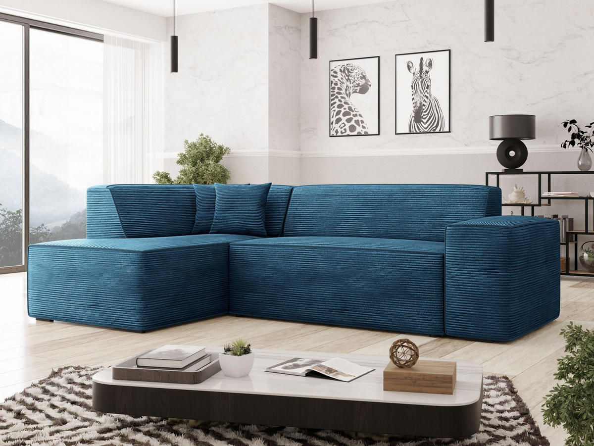 ECKSOFA Lordin Cord, Seite: Links - Blau/Schwarz, Holz/Textil (267/205cm) - MIRJAN24