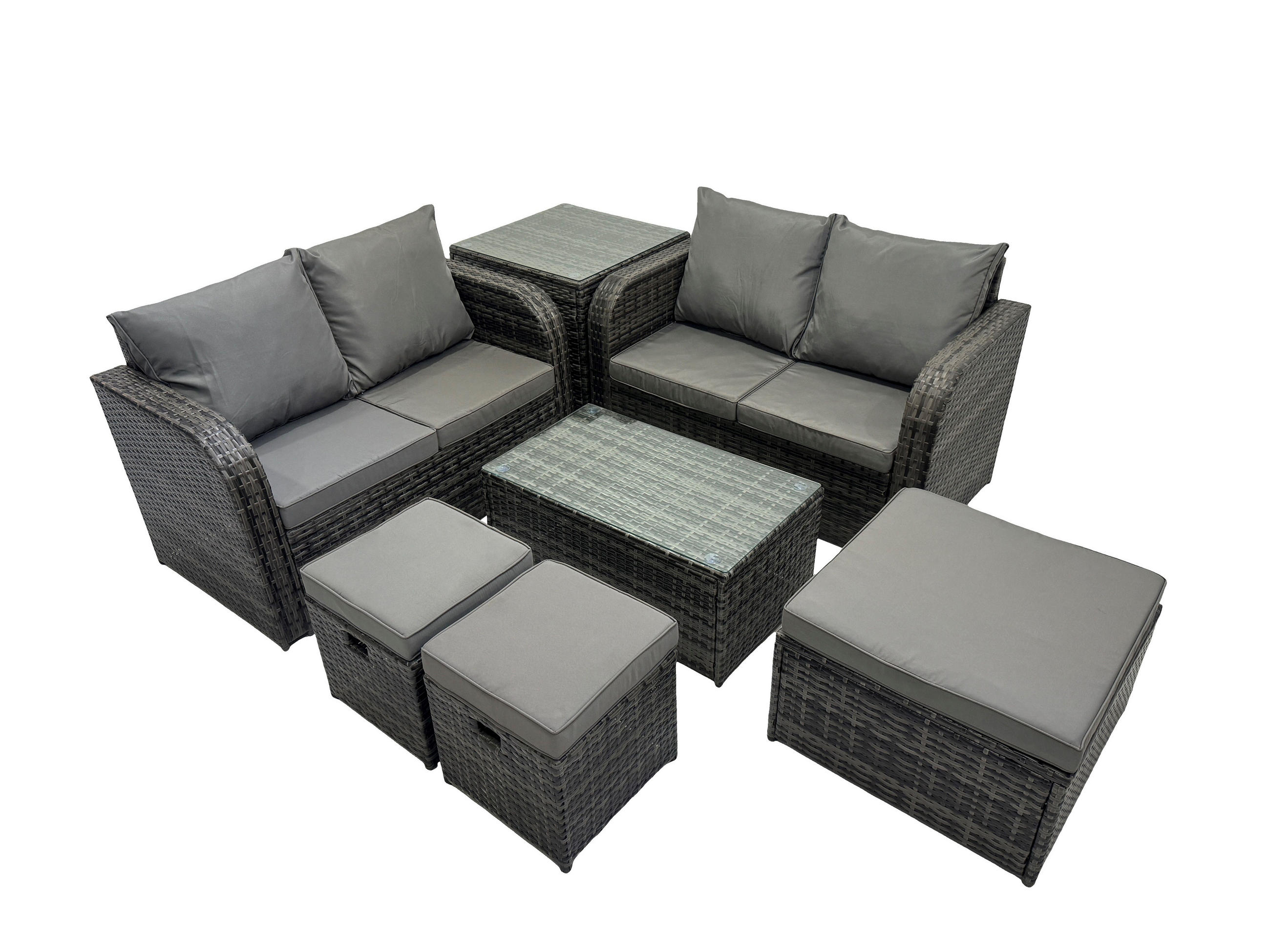 GARTENMÖBELGARNITUR mit KISSEN Polyrattan Dunkelgrau 7-Sitzer - Dunkelgrau/Grau, Glas/Kunststoff - Fimous