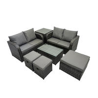 GARTENMÖBELGARNITUR mit KISSEN Polyrattan Dunkelgrau 7-Sitzer - Dunkelgrau/Grau, Glas/Kunststoff - Fimous