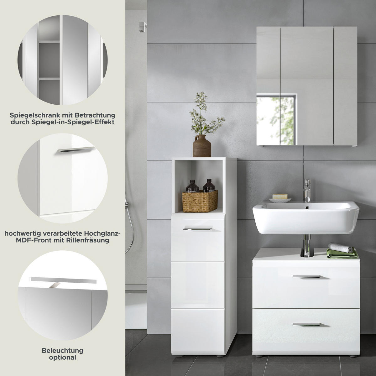 BADKOMBINATION Ice 105x185x30 cm weiß Hochglanz MDF 3tlg. - Weiß, Holz (105/185/30cm)