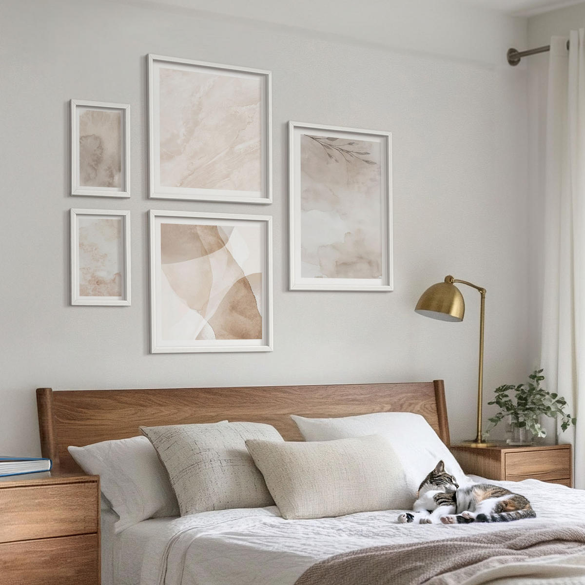 WANDBILDER 5er-Set - 50x50 cm & 20x30 cm & 40x60 cm Weißer Rahmen - Aquarellfarben, Boho-Texturen - Weiß, Kunststoff (40/60cm) - ArtPrintCave