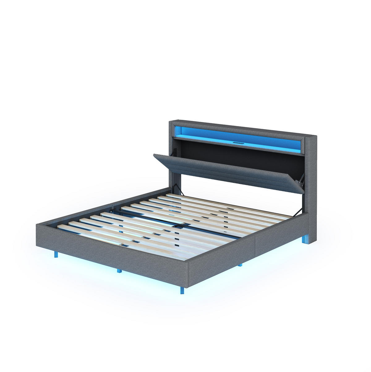 ČALOUNĚNÁ postel 140/200 cm šedá, s USB a LED osvětlením, s úložným čelem - šedá, textil (140/200cm) - BEAOK