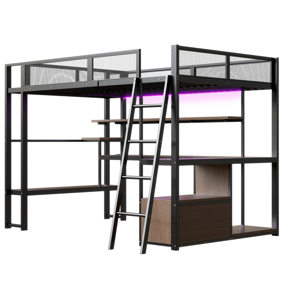 HOCHBETT 140/200 cm mit Schreibtisch, LED-Beleuchtung, Ladestation und Stauraum, Schwarz - Schwarz, Holzwerkstoff (140/200cm) - Redom