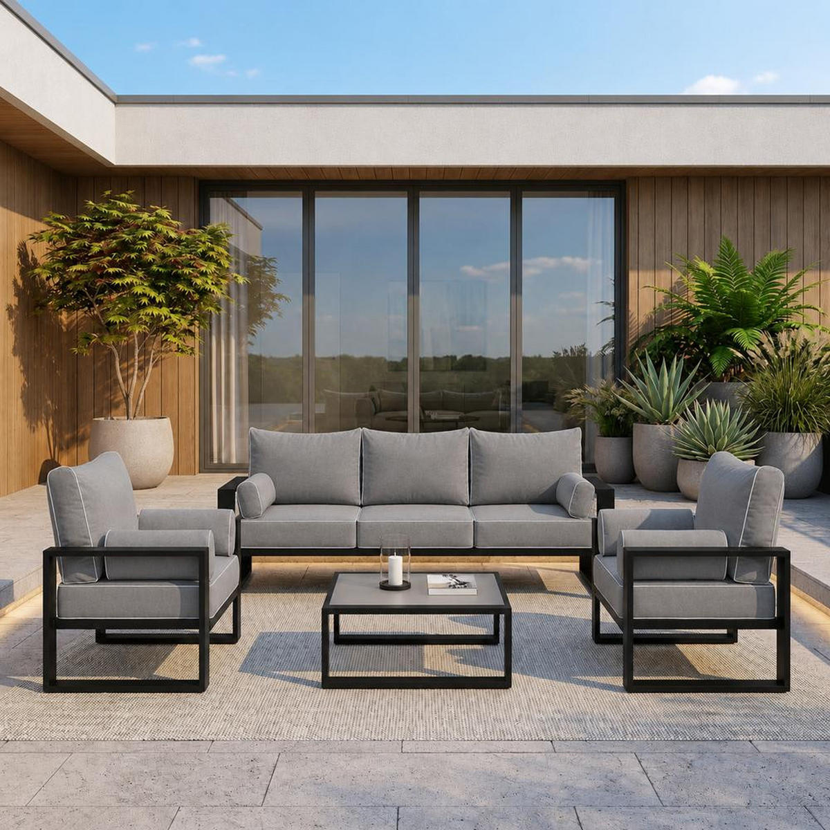 GARTENSET Verdino 3+1+1 mit Metallrahmen anthrazit - Anthrazit, Metall - Beautysofa