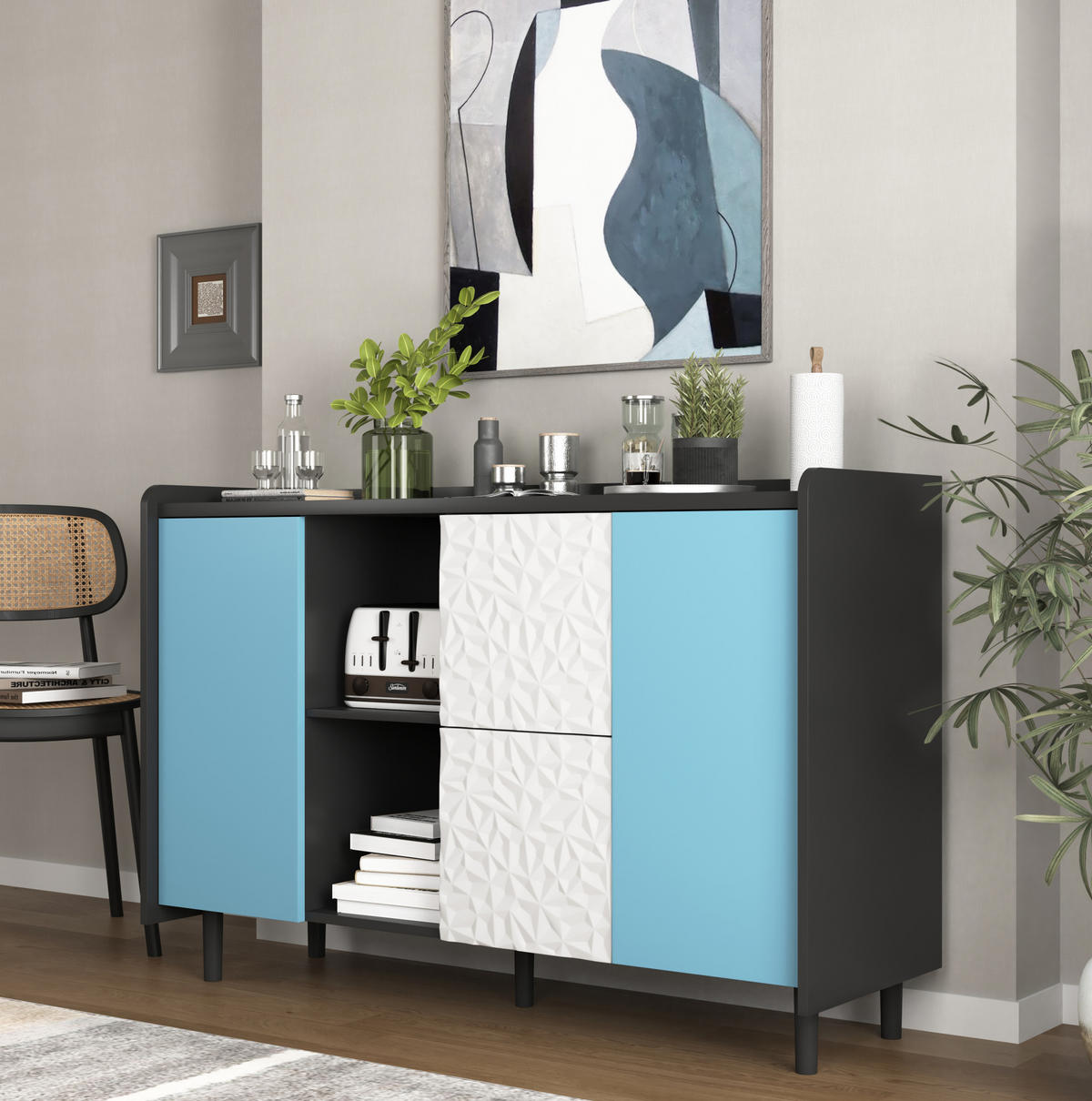 SIDEBOARD 120/40/80 cm, Schwarz/Blau, mit 2 Schubladen, offenem Fach und Schrank, Schwarz/Blau - Blau, Holzwerkstoff (120/80/40cm) - Redom