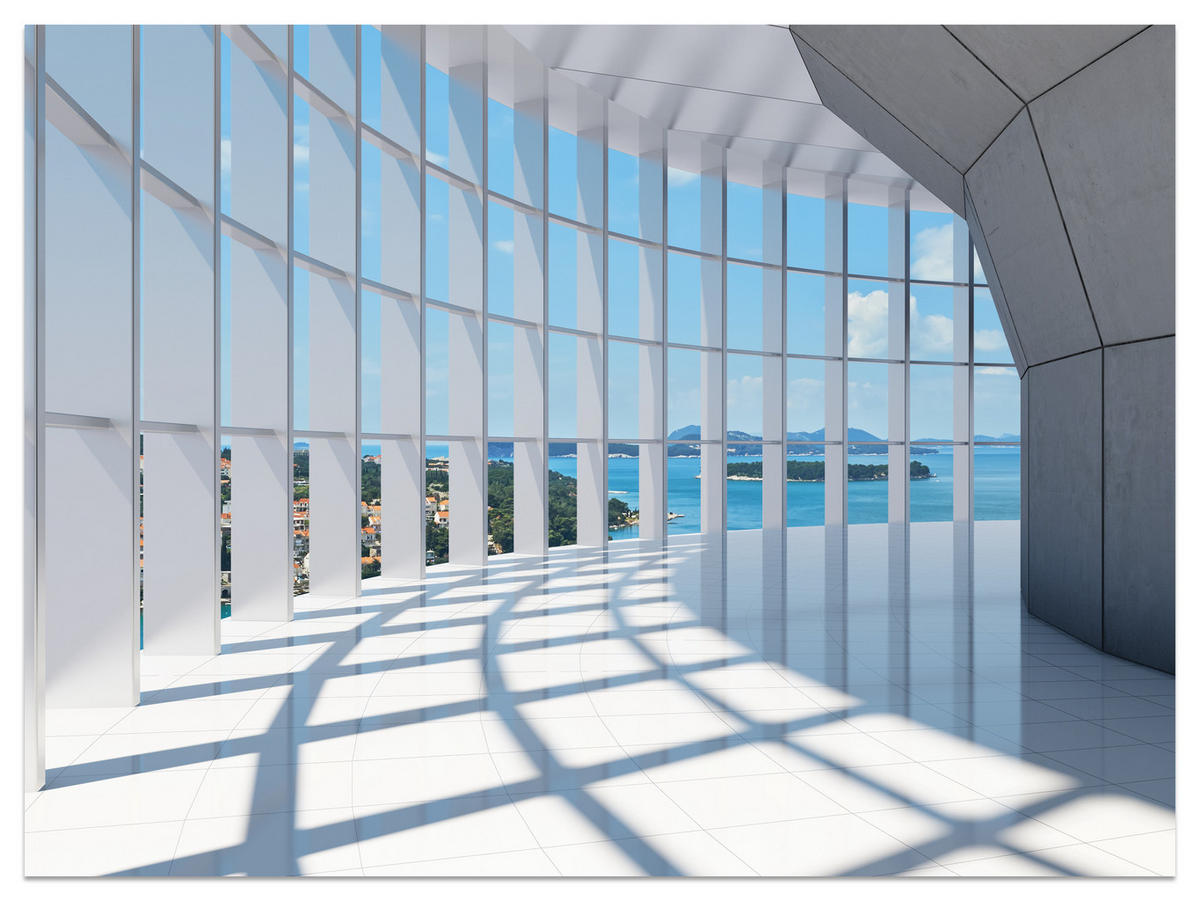 FOTOTAPETE für Wohnzimmer Räumlicher Tunnel mit Meerblick 500x350 - Blau/Beige, Papier (500/350cm) - Muralo