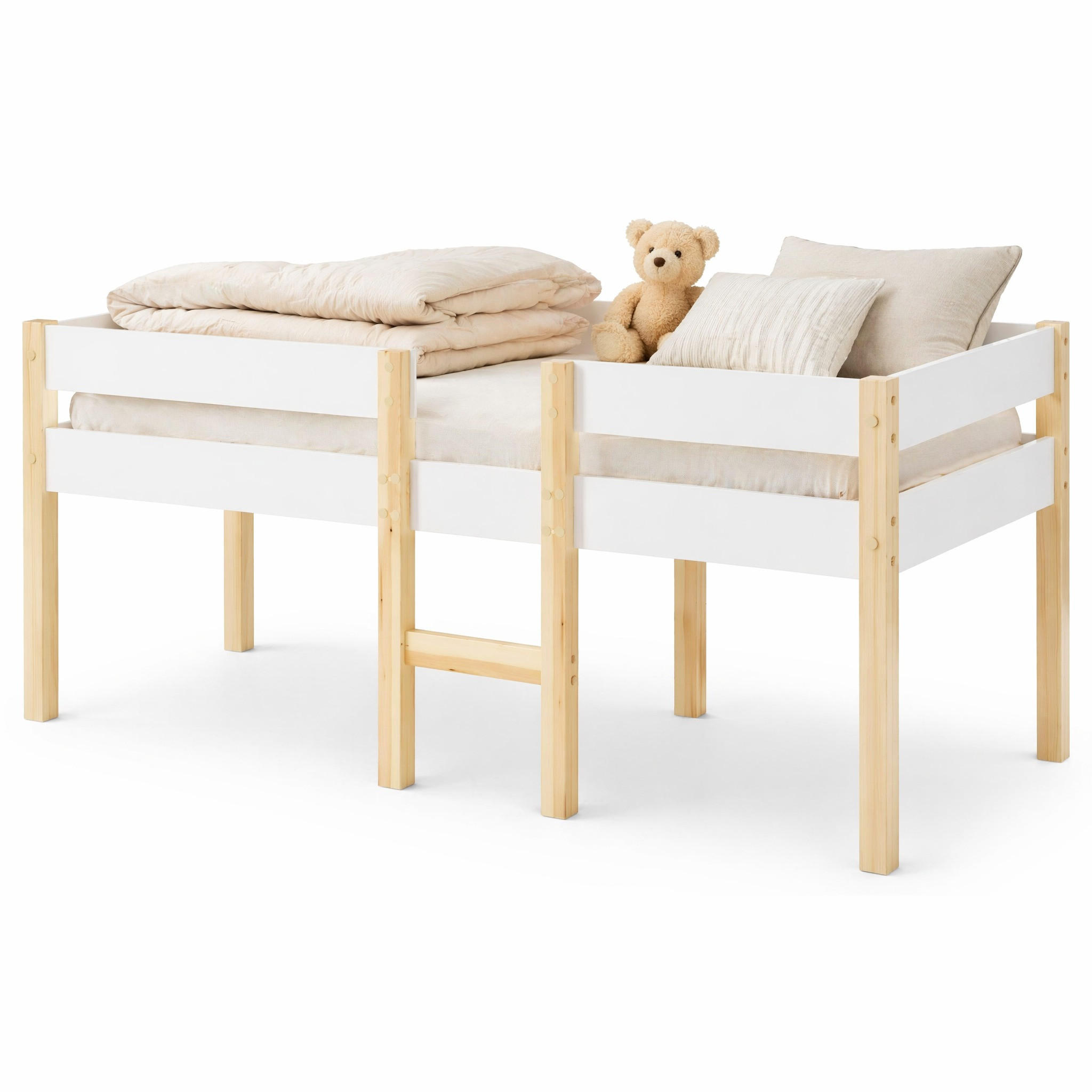 KINDERBETT 90/190 cm in Weiß mit Rausfallschutz und Leiter im skandinavischen Design - Weiß/Naturfarben, Holzwerkstoff (90/190cm) - STILVORA