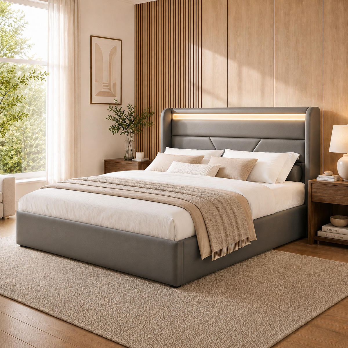 POLSTERBETT 140/200 cm in Grau mit Bettkasten und LED - Grau, Holzwerkstoff/Textil (140/200cm) - STILVORA