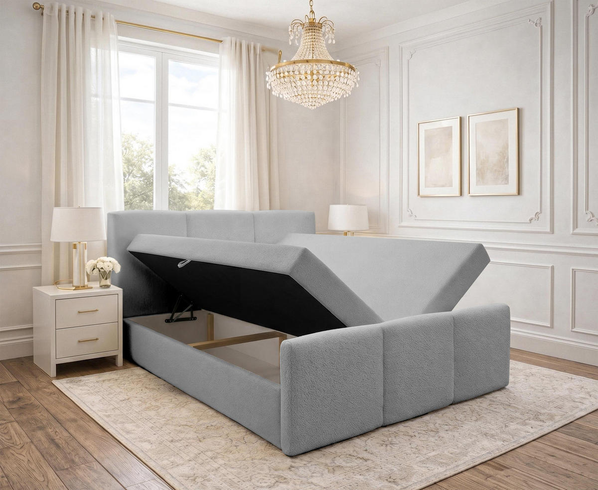 BOXBETT ANKARRA 180x200 cm mit Bettkasten und Matratze - Hellgrau + TOPPER - Hellgrau/Schwarz, Holz/Holzwerkstoff (180/200cm) - AX Living
