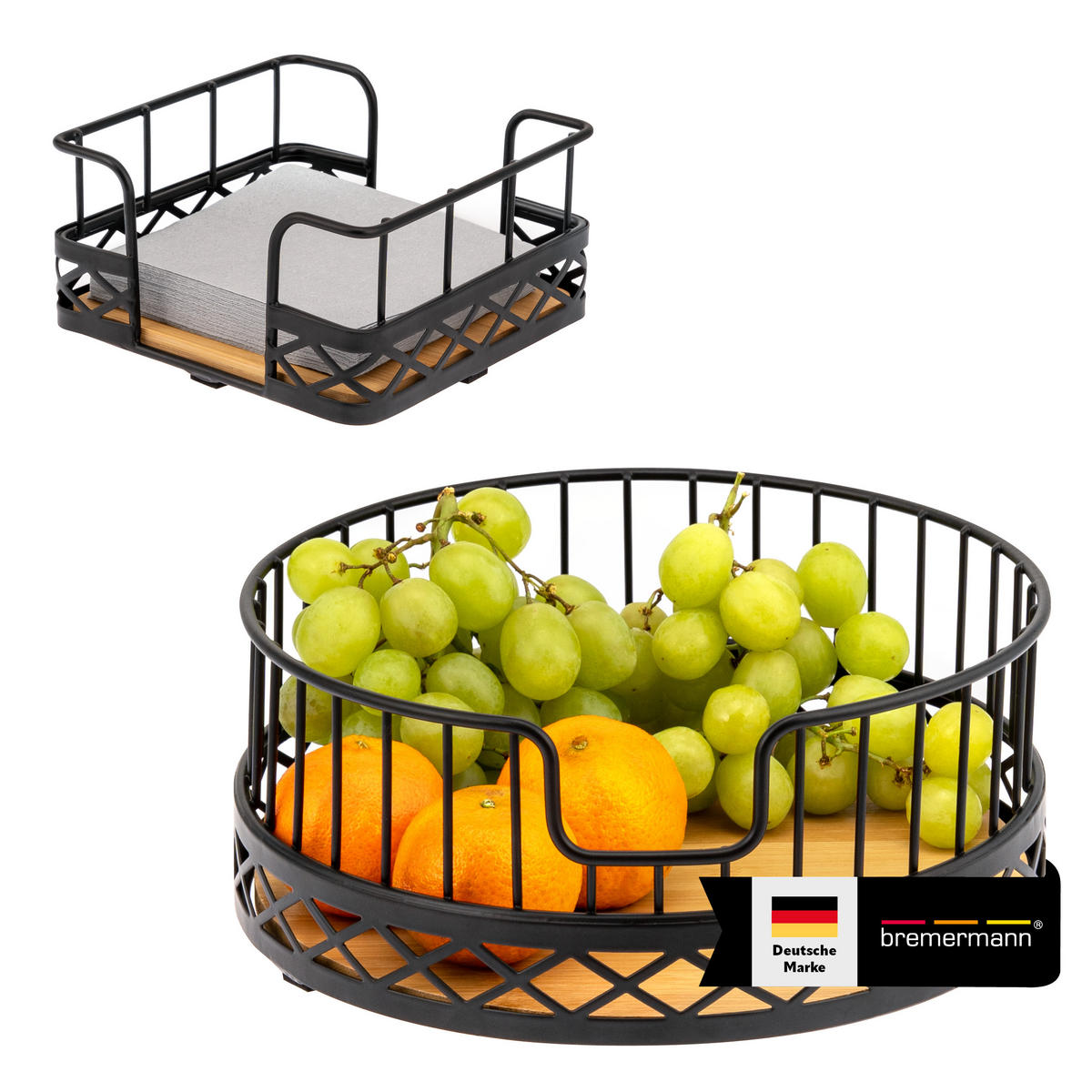 OBSTKORB mit Serviettenhalter, Bambus, Metall, schwarz - Schwarz, Metall (9.5cm) - bremermann