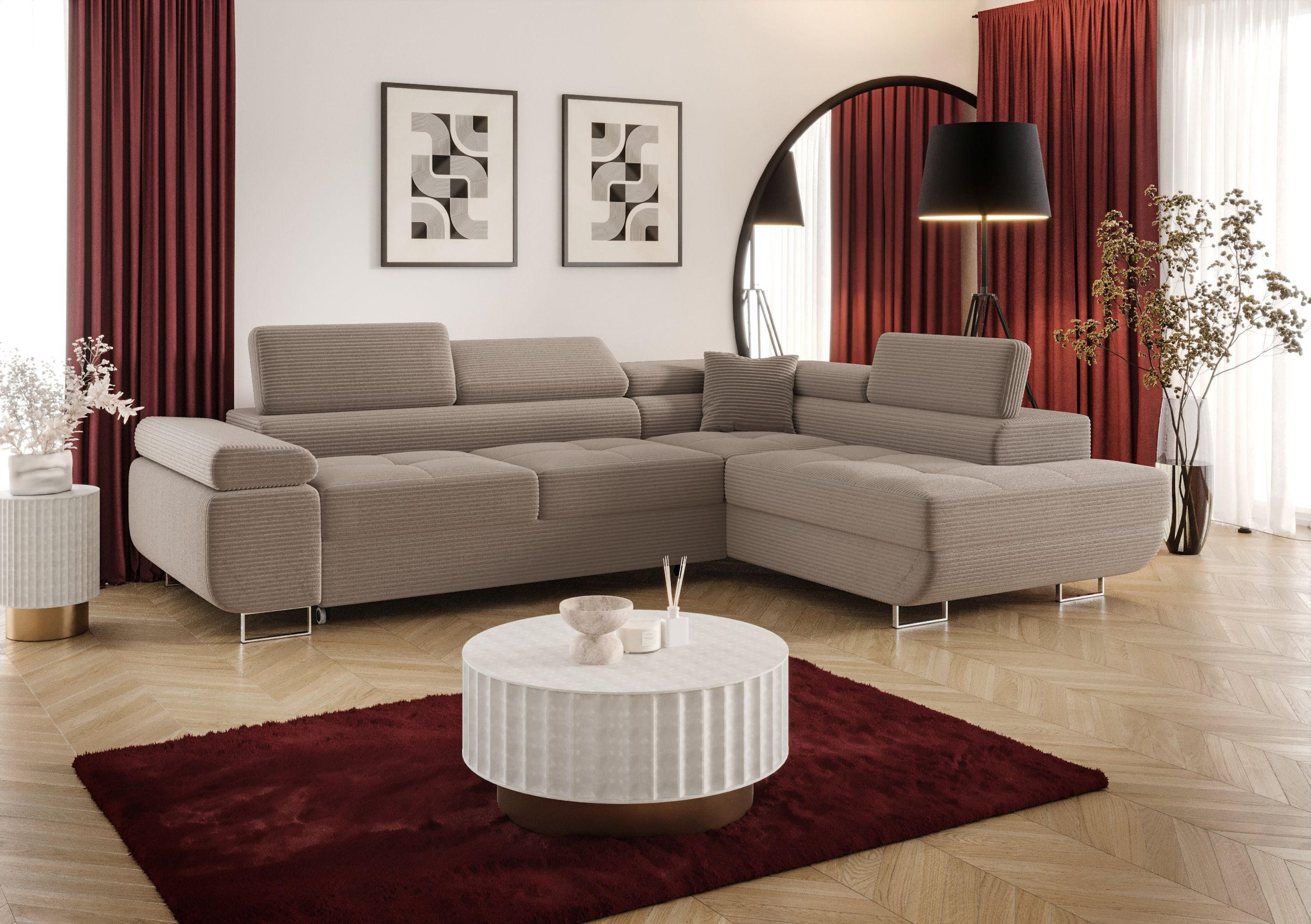 ECKSOFA EMILY mit Schlaffunktion Poso 02 Rechts - Cappuccino, Textil (275/200cm) - Bedante