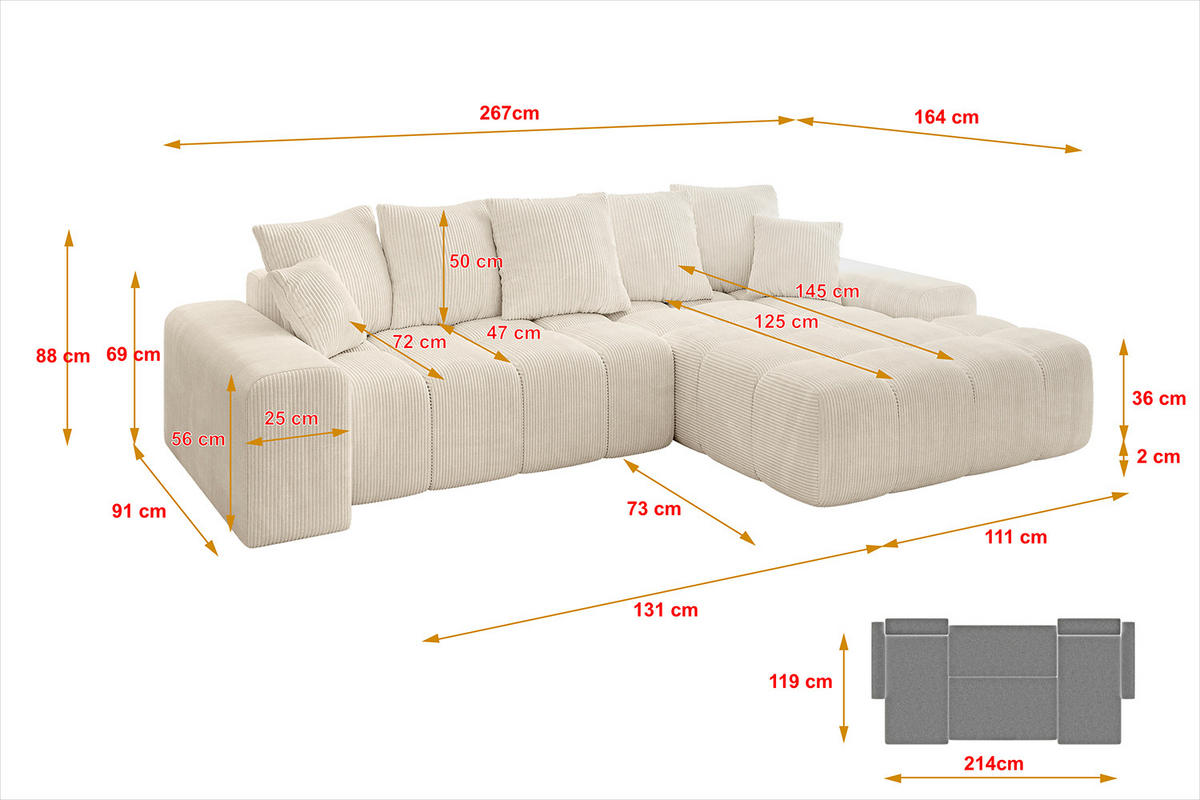 ECKSOFA Ottomane Rechts ENSI-L - 267x164x88 cm Beige - Beige, Holzwerkstoff/Kunststoff (164/267cm) - ALTDECOR