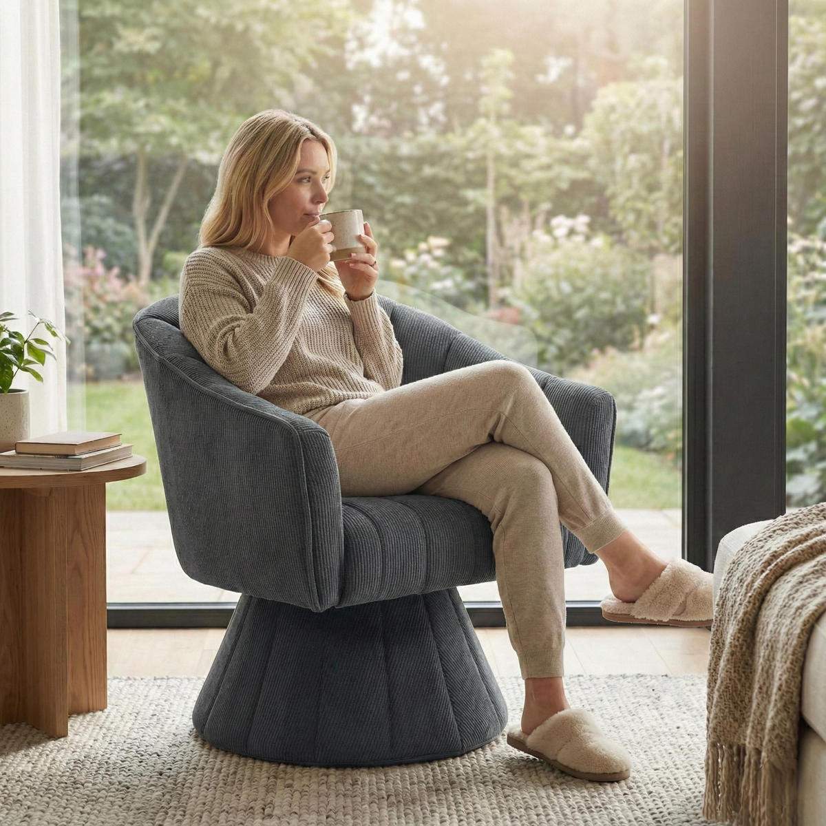 DREHSTUHL Drehsessel Loungesessel mit Polsterung,360°,Cord,Grau - Grau, Textil (70/72/66cm) - LVHOM