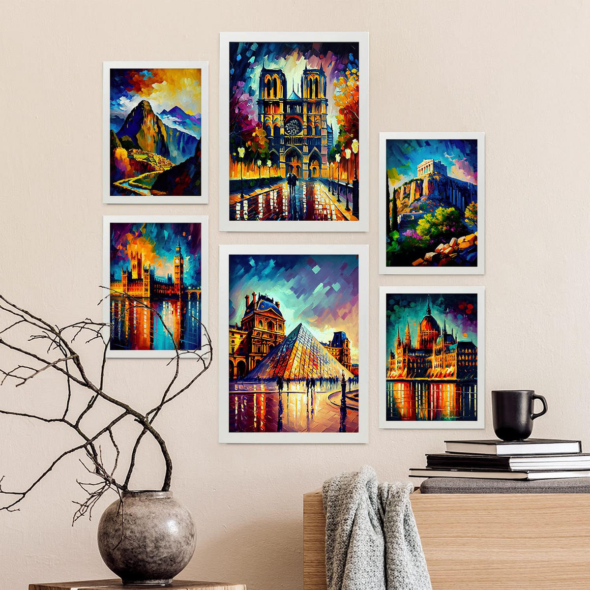 POSTER Set Mit 6 Linear Im Ölgemälde Stil A3 & A4 Weißer Rahmen - Weiß, Papier (29/3cm) - Nacnic