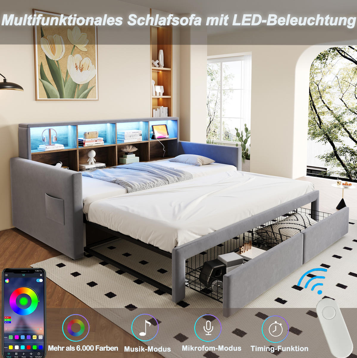 POLSTERBETT 90/190 cm Hellgrau aus Samt mit Stauraum LED-Beleuchtung und Ladeanschlüssen - Hellgrau, Textil (90/190cm) - OKWISH