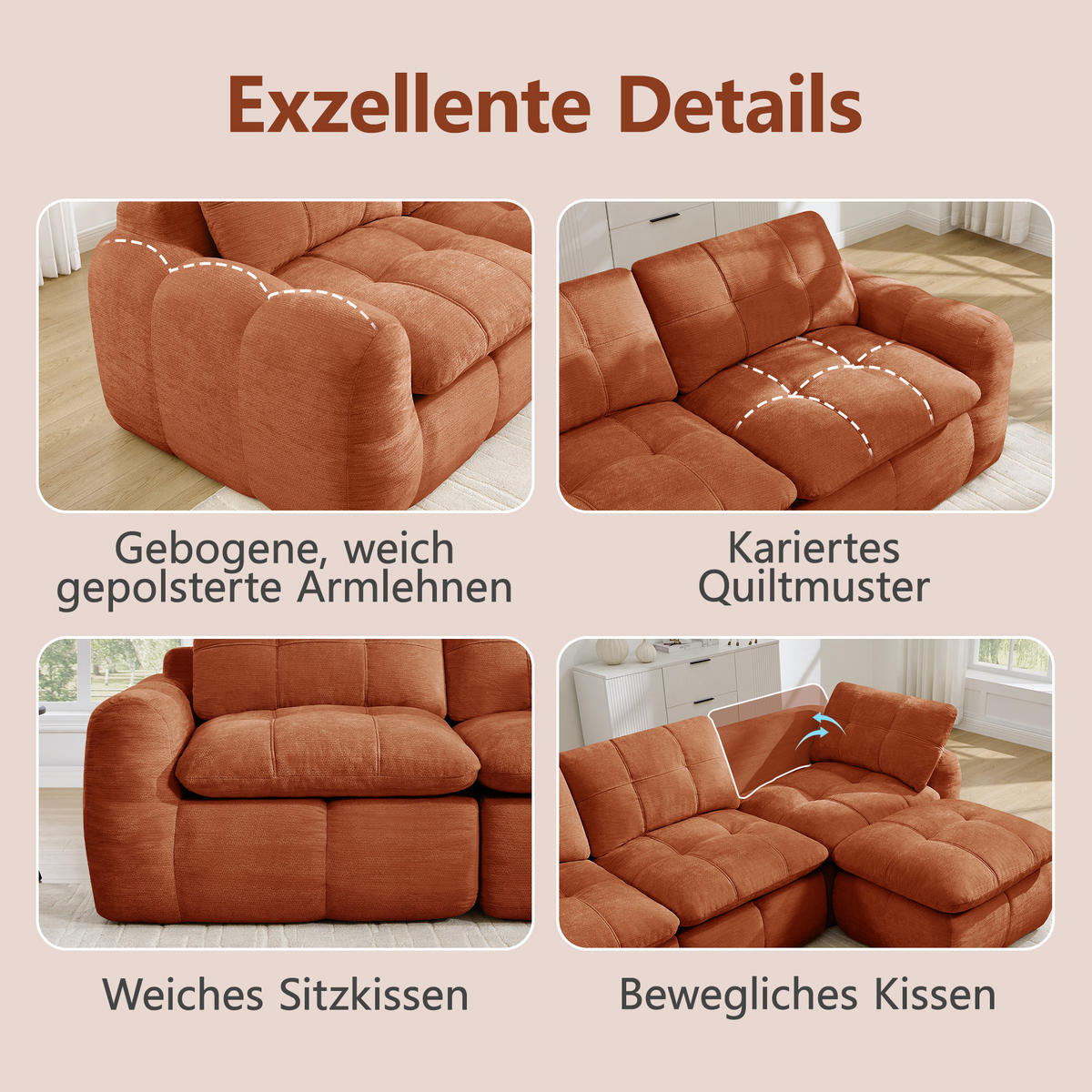 3-SITZER-SOFA DE-34464 Karostepp-Design und 32D-Schaum Orange - Orange, Textil (97/68/264cm) - ComfortXL