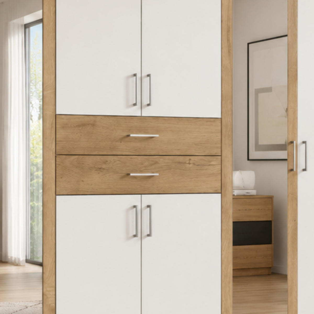 DREHTÜRENSCHRANK Kleiderschrank B270/H208/T58 cm mit Schubkästen & 2 Spiegeltüren, Weiß mit Absetzungen in Eiche Dekor / 22595 - Eichefarben/Silberfarben, Holzwerkstoff/Kunststoff (270/208/58cm) - luma-home