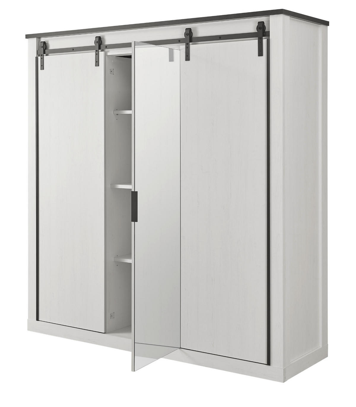 KLEIDERSCHRANK weiß Pinie, anthrazit Landhaus, Schiebetürenschrank 3-türig mit Spiegel 201 x 209 - Anthrazit/Weiß, Holzwerkstoff/Metall (201/209/63cm) - Furn.Design