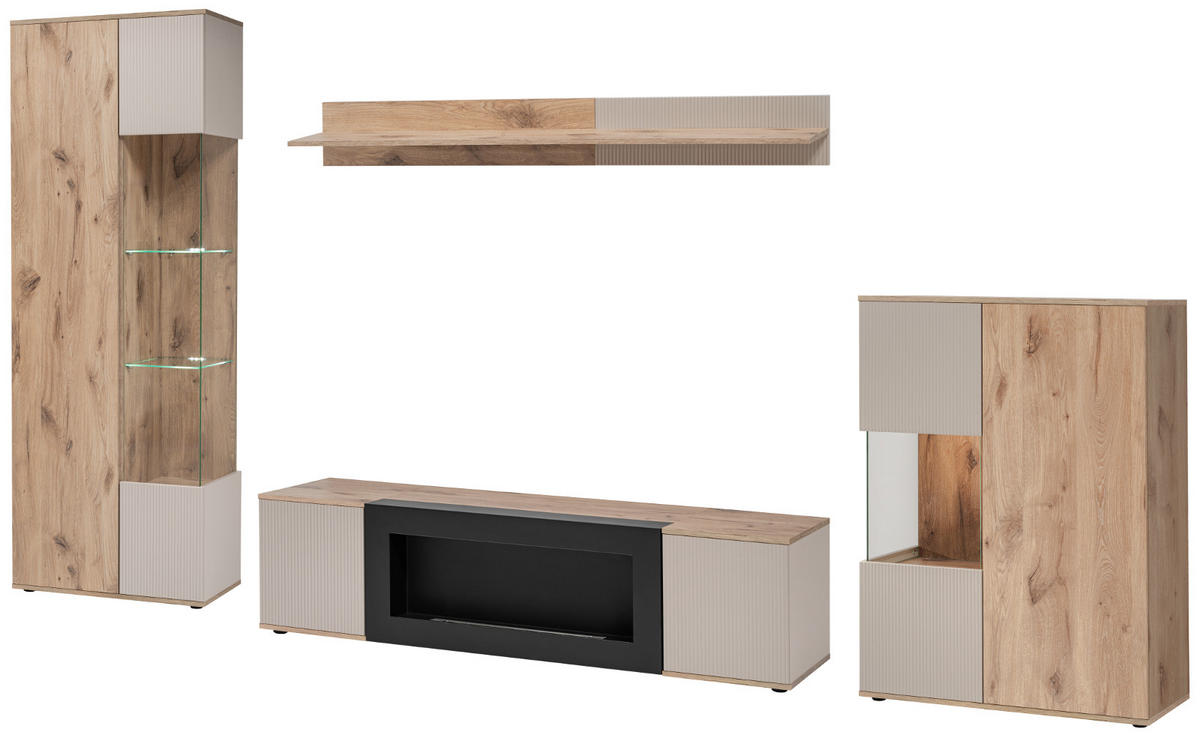 WOHNWAND Eiche, Kaschmir 4-teilig 350 cm, Schrankwand mit Kamin, inkl. Beleuchtung - Kaschmir/Eichefarben, Glas/Holzwerkstoff (350/197/45cm) - Inn.Furn