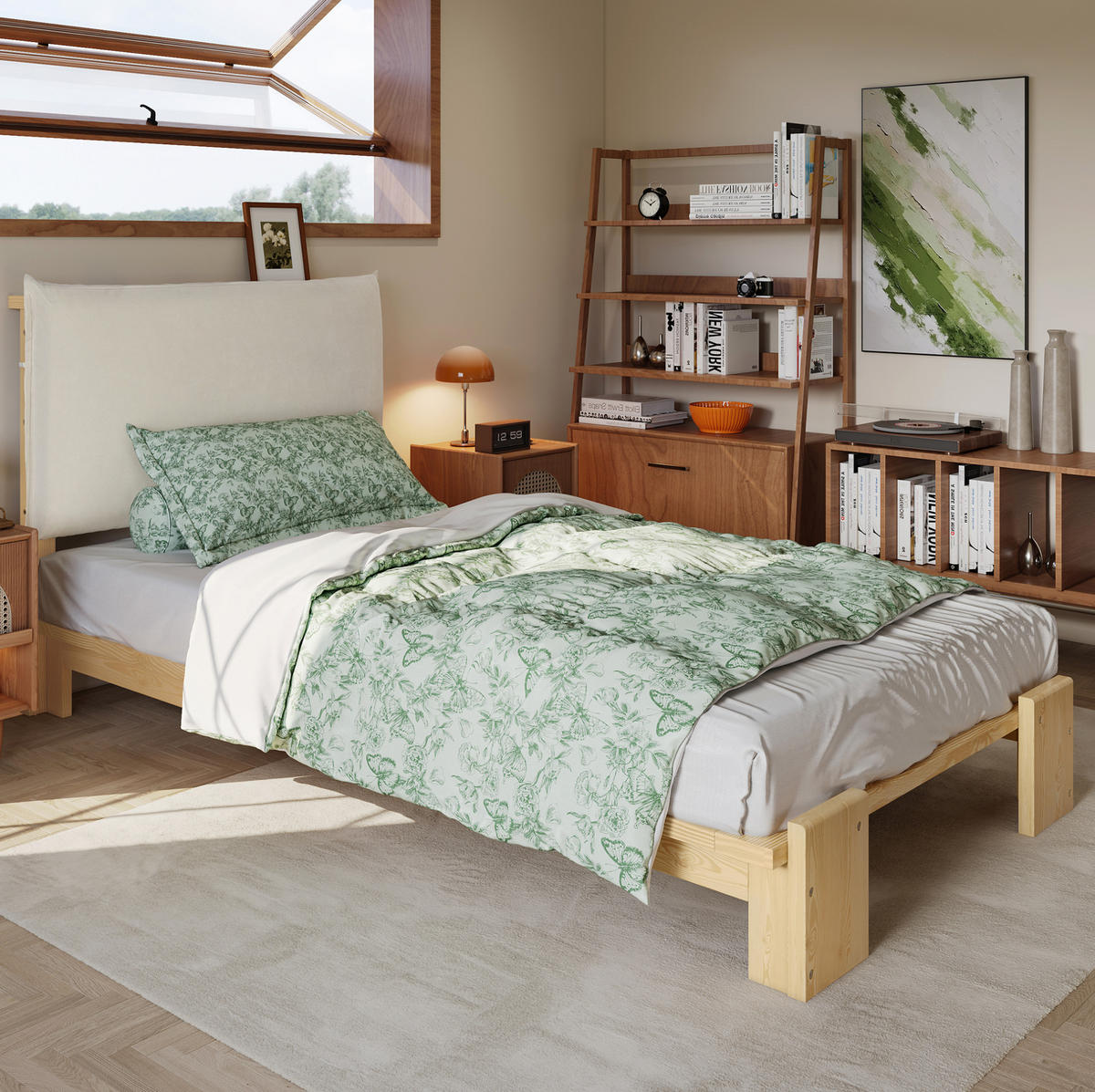 POLSTERBETT 90/200 cm Natur mit gepolsterter Rückenlehne - Naturfarben, Textil (90/200cm) - Flora Grace