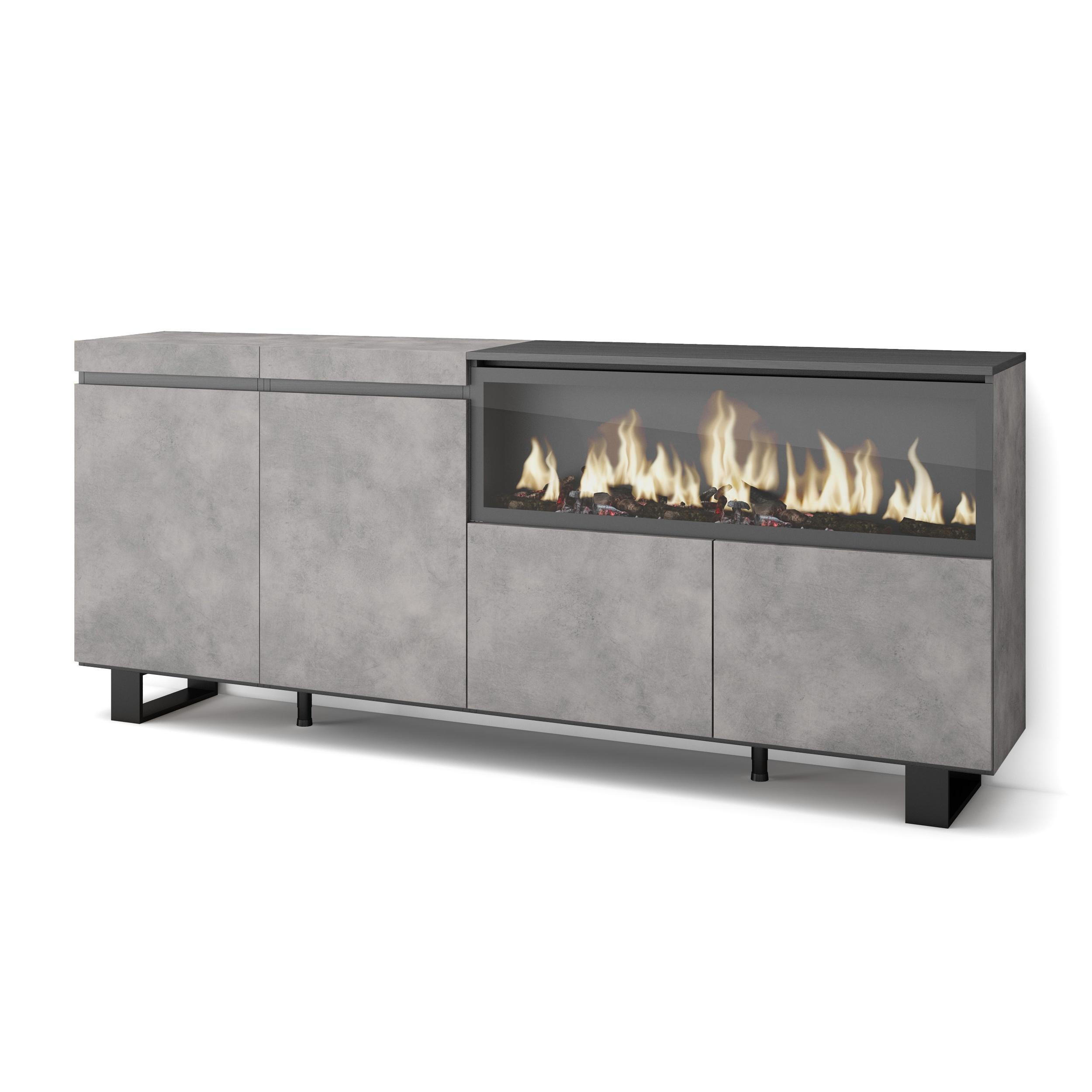 SIDEBOARD Highboard, Elektrokamin XXL, zementgrau, 208/35/87cm - Schwarz/Grau, Holzwerkstoff (208/87/35cm) - Skraut Home
