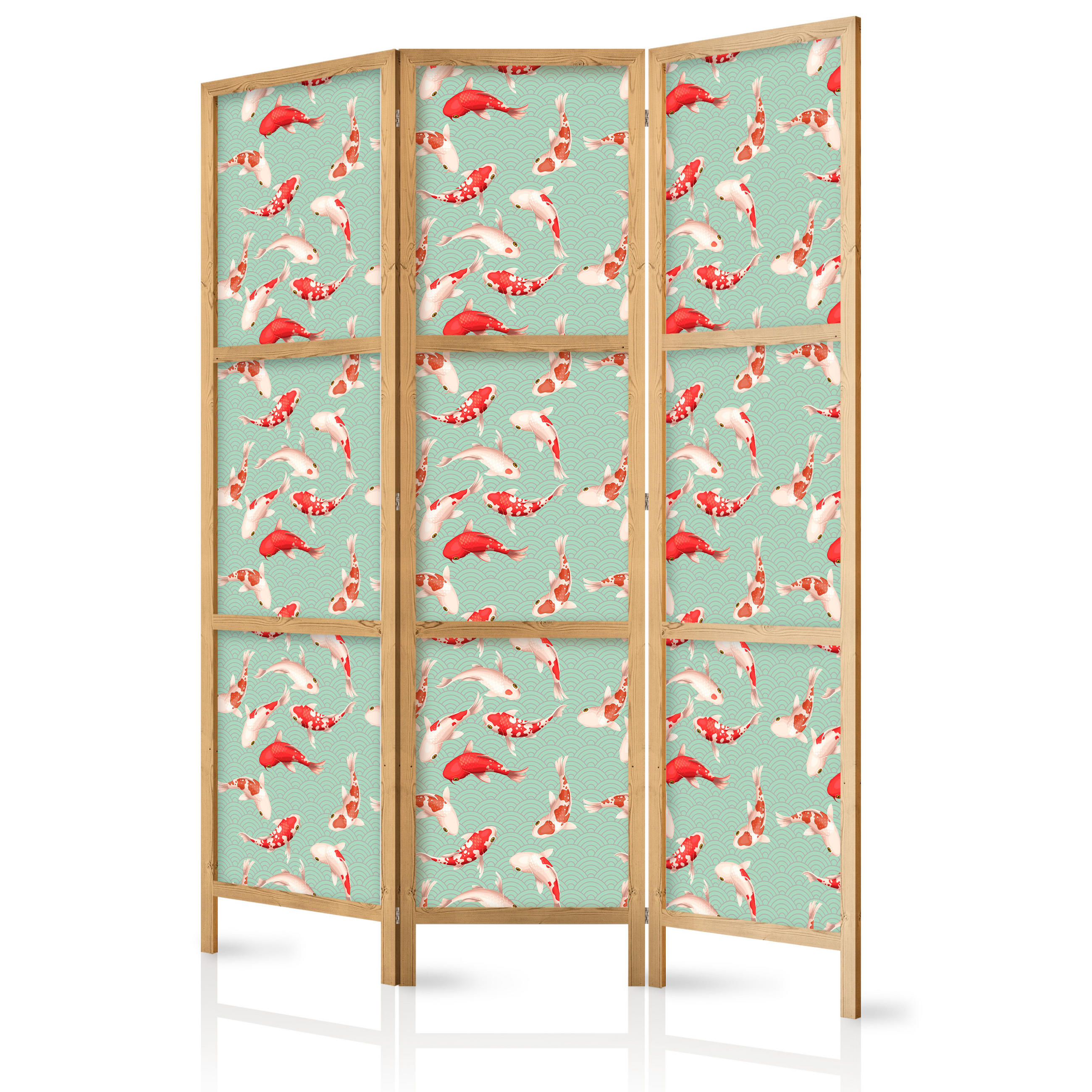PARAVENT Japanischer 3-tlg 135x172 cm Koi-Fische - Grün, Holz/Textil (135/172/3cm) - Muralo