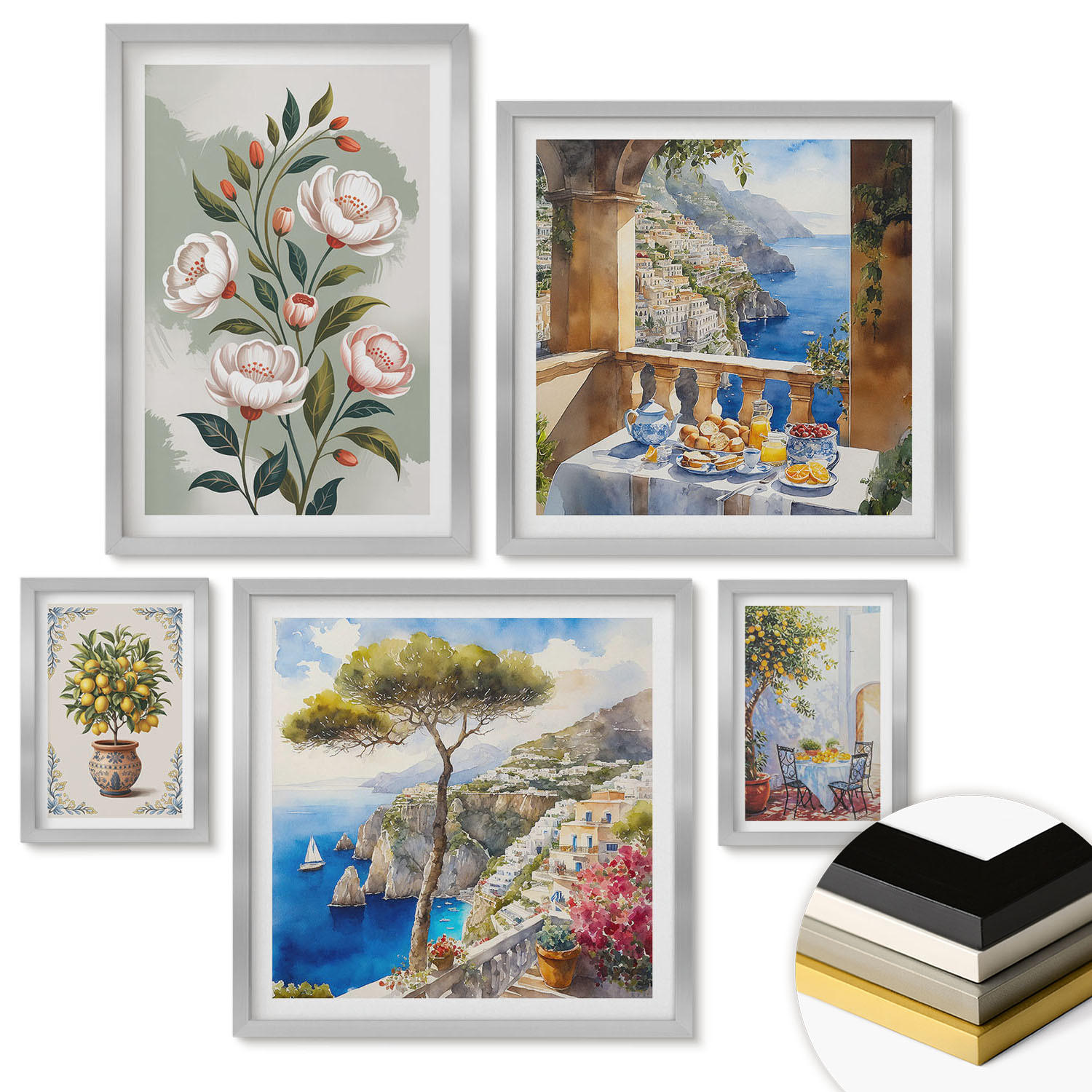 WANDBILDER 5er Set - 50x50 cm & 20x30 cm & 40x60 cm Silberner Rahmen - Blick auf das Meer aus Zitronenbäumen - Silberfarben, Kunststoff (40/60cm) - ArtPrintCave