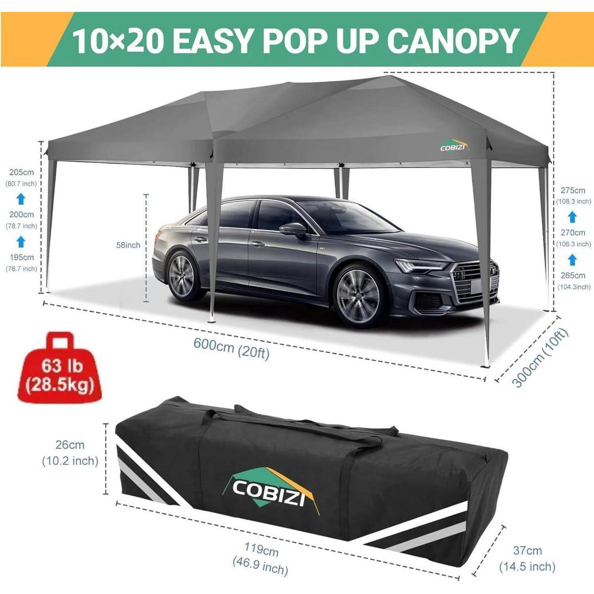 FALTPAVILLON 3 x 6 m Grau mit 6 Seitenteilen - Grau, Textil (300/275/600cm)