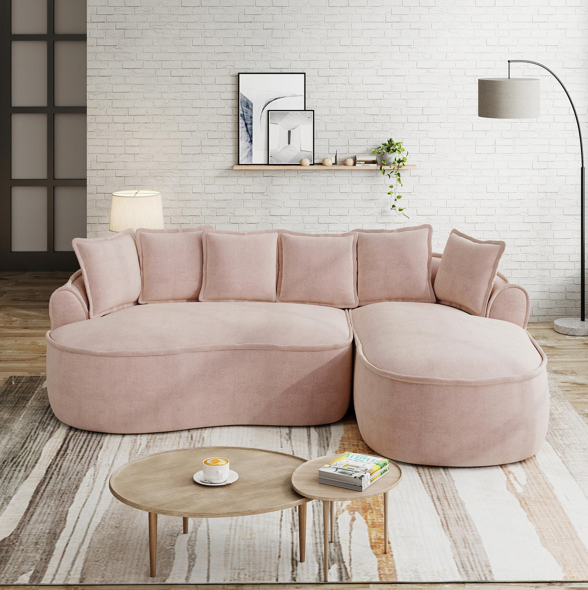 ECKSOFA 252/164/67 cm pink aus Chenille rahmenlos mit tiefer Chaiselongue - Pink, Textil (164/252cm) - OKWISH