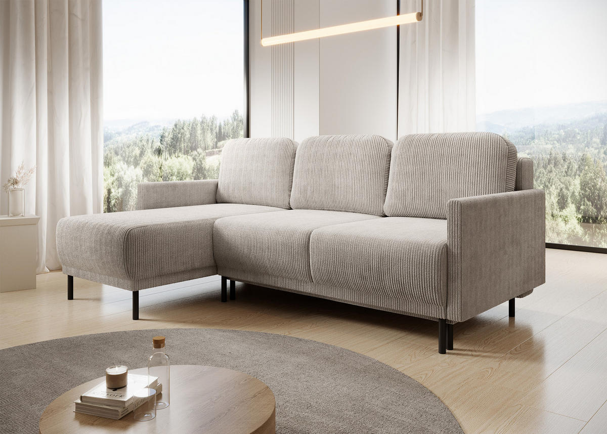 ECKSOFA Hamiel Hellbeige Cordbezug - Ecru/Schwarz, Holz/Textil (212/142cm) - Selsey