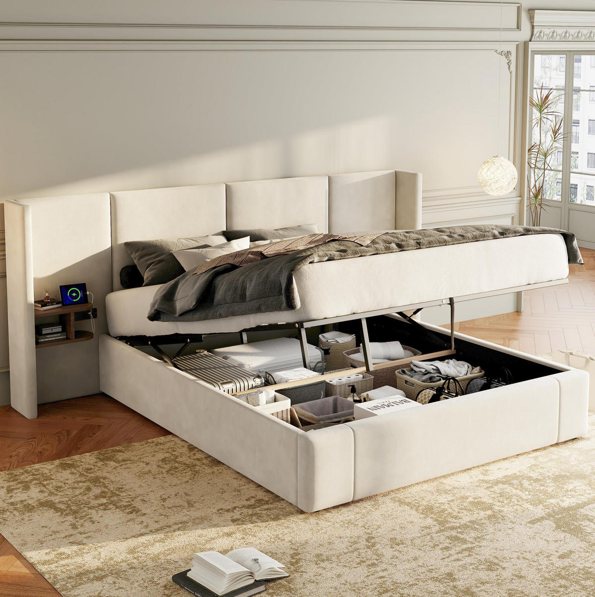 POLSTERBETT 160/200 cm mit USB-A, USB-C, Steckdosen, hydraulischem Stauraum und 2 Nachttischen aus Samt, Beige - Beige, Textil (160/200cm) - Redom